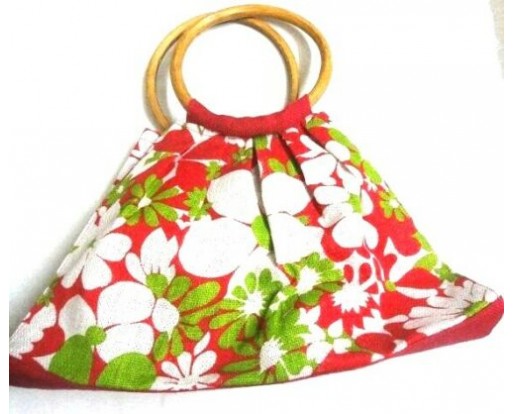 Jute Handbag - Floral Jute Bag with Cane Handles